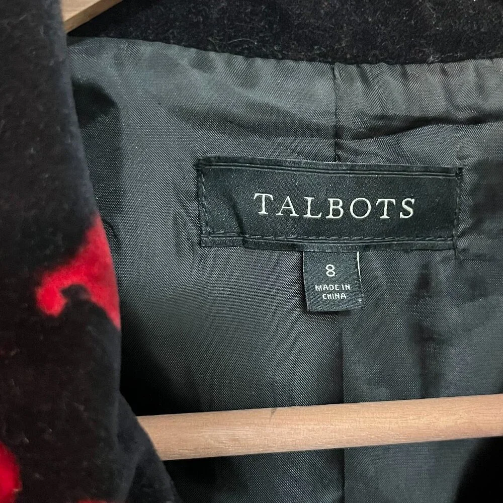 Talbots Sz 8 Black Velvet Lined Jacket Blazer Red Roses Button Up Pockets